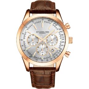 Stuhrling Original Mens Dress Watch Chronograph Analog Watch Dial with Date - Tachymeter 24-Hour Subdial Mens Leather Strap - Watches for Men Rialto Collection