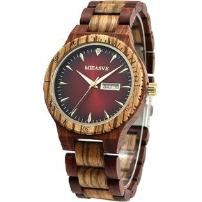 Handmade Wood Watches for Men Red Dial Lightweight Analog Quartz Wooden Watch Adjusted Band