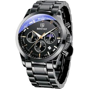 BY BENYAR Watches for Men Analog Watch Mens Watches Waterproof Watch Silver Watch Quartz Chronograph Date Men's Wrist Watches Stainless Steel Casual Luxury Gifts for Men Unique Mens Dress Watch