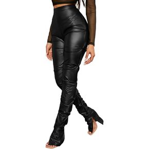 WDIRARA Women's Pu Leather Split Side High Waist Skinny Trousers Twist Side Long Pants