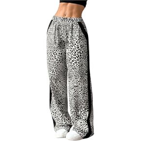 SweatyRocks Women's Leopard Print Long Pants Elastic High Waist Straight Leg Trousers