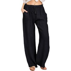 Buauty Plus Size Palazzo Cotton Linen Pants Women Wide Leg Pants Loose Fit Casual Comfy Lounge Flowy High Waist Trousers 2024 Black