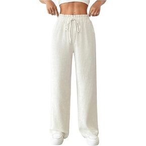 WDIRARA Women's Petite Drawstring Waist Wide Leg Pants Paperbag Waist Palazzo Pants