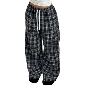 GORGLITTER Women's Plaid Wide Leg Baggy Pants Y2k Gingham High Waisted Drawstring Causal Pants