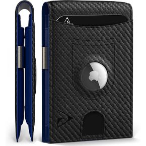 Airtag Wallet for Men, Leather Slim Wallet with Airtag Holder, Minimalist Wallet with RFID Blocking & Money Clip, Black & Blue