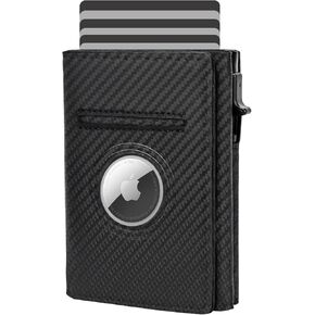 Smart Men Wallet Front Pocket Card Holder for Apple AirTag:RFID Blocking, Pop Up Aluminum Card Case, 10-14 Card Capacity, IDWindow, Cash Slot, Minimalist, Slim, Trifold, Magnetic Closure, Carbon Fiber