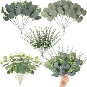 100 Pcs 4 Kinds Mixed Eucalyptus Stems Bulk, Artificial Silver Dollar Eucalyptus Leaves Bundle Faux Greenery Branches for Wedding Centerpiece Vase Bouquet Floral Arrangement Home Decor