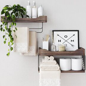 Wood Floating Shelves Wall Mounted - 2+1 Tier Rustic Bathroom Wall Shelves Over Toilet with Wire Basket and 2 Towel Bars, Farmhouse Wall Decor Floating Shelf for Bathroom, Kitchen, Bedroom.