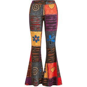 WDIRARA Women's Patchwork Print Flare Leg Pants Elastic Waist Boho Bell Pants