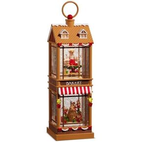 Raz Imports Santa and Elves Lighted Water Two Story Bakery, 12.5-inch Height, Christmas Decor