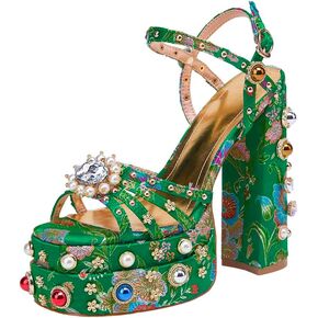 Feinlina Women Rhinestone High Chunky Platform Open Toe Block Heels Gems Detail Fashion Green Pink Floral Print Embroidery Ankle Strap Dress Wedding Party Pump Sandals