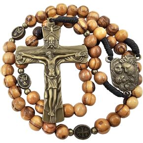 TALISMAN4U Olive Wood Prayer Beads Catholic Rosary Bronze Holy Trinity Crucifix Holy Family Centerpiece Virgin Mary Medals Rosaries for Men Holy Land Religious Gift Rosary Pouch & Prayer Card