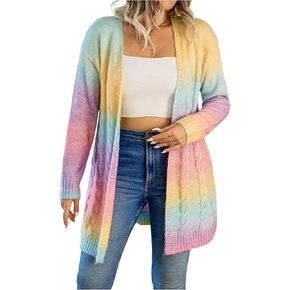 GORGLITTER Women's Plus Size Rainbow Colorful Cardigan Oversized Long Sleeve Cable Knit Cardigan Sweater
