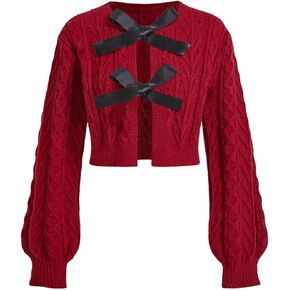 MakeMeChic Women's Bow Knot Cardigan Sweater Cable Knit Tie Front Crop Tops