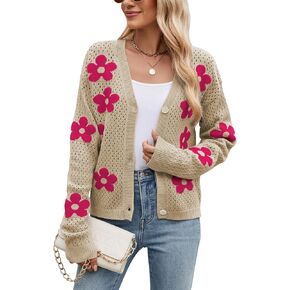 Women Crochet Cropped Cardigan Sweaters Lightweight Button Down V Neck Cardigan Flower Knit Open Front Cute Outfits Fall