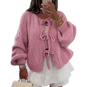 سترة صوفية نسائية من Yimoon Y2K بربطة أمامية وأكمام طويلة ومفتوحة من الأمام كبيرة الحجم (وردي-M) in Kuwait