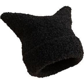 Fuzzy Cat Ear Knitted Beanie Hats, Warm Winter Slouchy Crocheted Hat Funny Plush Kitty Ears Cap for Girls Women