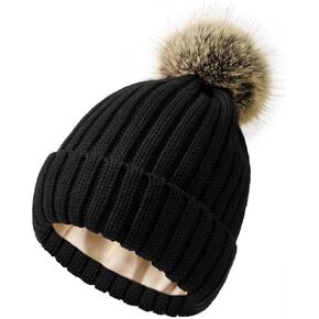 Zando 2024 Winter Satine Lined Beanie Fur Pom Pom Beanie Hat for Women Winter Hats Warm Knit Hats with Cozy Faux Fur Lined