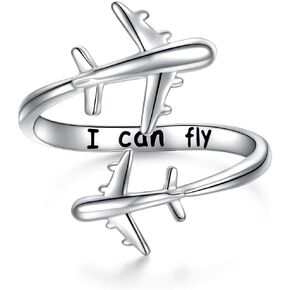 Airplane Ring 925 Sterling Silver Aircraft Jelwery Adjustable Band Rings for Women Girls Flight Attendants Pilot Birthday Gifts