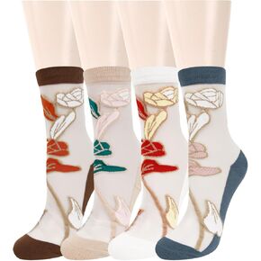 Benefeet Sox Womens Girls Sheer Socks Lace Mesh Crew Socks Transparent See Through Socks Ultra Thin Silk Nylon Dress Socks