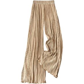 OYOANGLE Women's Pleated Elastic Waist Lettuce Trim Palazzo Pants Wide Leg Casual Loose Long Pants