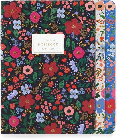 Rifle Paper Co. Wild Rose Stitched Notebook Set, 8.5" L x 6" W, Set Of 3 Notebooks, 64 Ruled Pages With Gold Ink, Canvas Paper Cover With White Text Paper Interior in Saudi Arabia