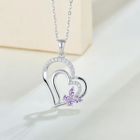 Butterfly Necklace for Women 925 Sterling Silver Heart Pendant Necklace with 3A Cubic Zirconia Birthstone Birthday Mother's Day Jewelry in Saudi Arabia