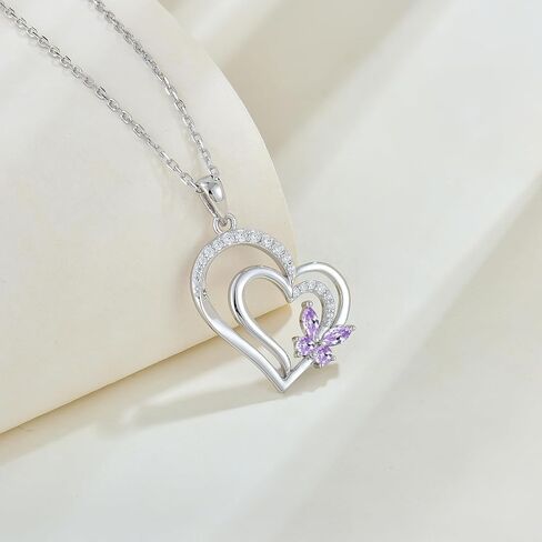 Butterfly Necklace for Women 925 Sterling Silver Heart Pendant Necklace with 3A Cubic Zirconia Birthstone Birthday Mother's Day Jewelry in Saudi Arabia