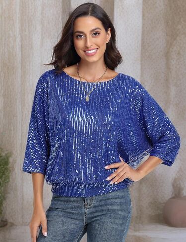 قطعة علوية نسائية من PrettyGuide مزينة بالترتر اللامع 3/4 بأكمام جناح الخفاش فضفاضة لامعة وبريق للحفلات in Kuwait