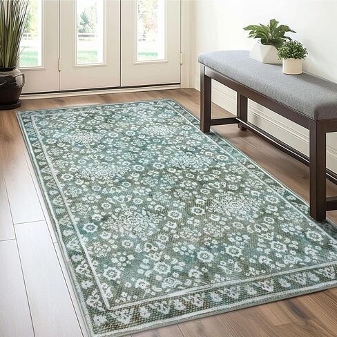 Vintage Washable 2x5 Rug Runner, Sage Green Beige Runners for hallways, Super Soft Kitchen Runner Rug Non Slip, Print Faux Wool Floral Thin Carpet Runner for Entryway Indoor Bedroom in Saudi Arabia