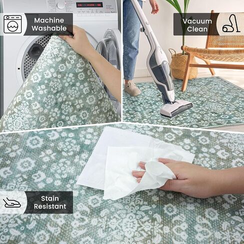 Vintage Washable 2x5 Rug Runner, Sage Green Beige Runners for hallways, Super Soft Kitchen Runner Rug Non Slip, Print Faux Wool Floral Thin Carpet Runner for Entryway Indoor Bedroom in Saudi Arabia