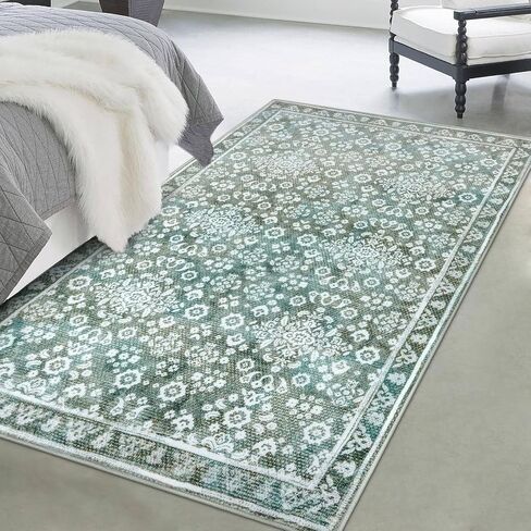 Vintage Washable 2x5 Rug Runner, Sage Green Beige Runners for hallways, Super Soft Kitchen Runner Rug Non Slip, Print Faux Wool Floral Thin Carpet Runner for Entryway Indoor Bedroom in Saudi Arabia