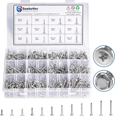 450PCS Self Tapping Screws for Metal, Stainless Steel Screws #8#10 Self Drilling Screws Assortment Set, Round Head #8x1/2'' to 2'', Hex Head #8x1/2'' to 1-1/2", #10x1/2'' to #10x1-1/4" in Kuwait