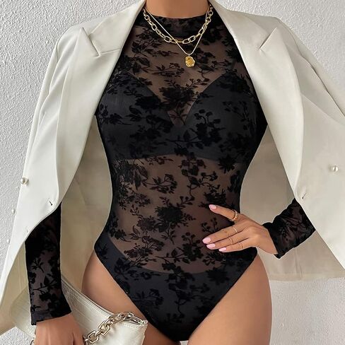 Ysabeloom Women's Sheer Mesh Long Sleeve Bodysuit Tops See Through Jumpsuit Leotard Clubwear in Kuwait