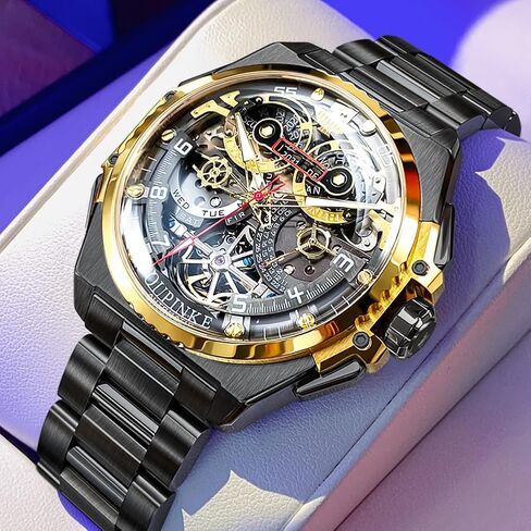 OUPINKE Watch for Men Automatic Wristwatch 3D Dial with 5ATM Waterproof Luminous Calendar Skeleton Watches-Sapphire Crystal Tungsten Steel Strap in Kuwait