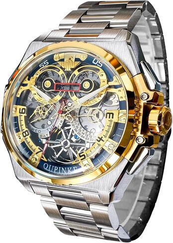 OUPINKE Watch for Men Automatic Wristwatch 3D Dial with 5ATM Waterproof Luminous Calendar Skeleton Watches-Sapphire Crystal Tungsten Steel Strap in Kuwait