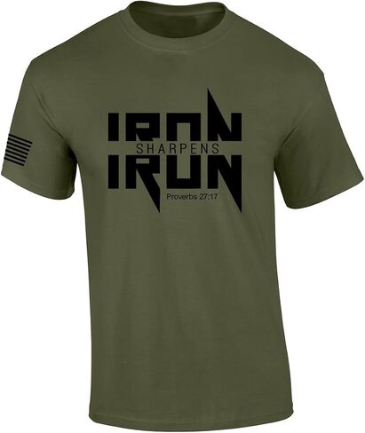 Iron Sharpens Iron Proverbs 27:17 Heavy Metal Logo Bible Scripture Mens Christian Tshirt Jesus Cross Short Sleeve Graphic Tee in Kuwait