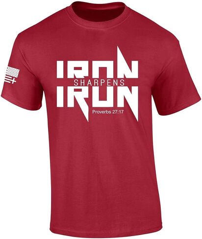 Iron Sharpens Iron Proverbs 27:17 Heavy Metal Logo Bible Scripture Mens Christian Tshirt Jesus Cross Short Sleeve Graphic Tee in Kuwait
