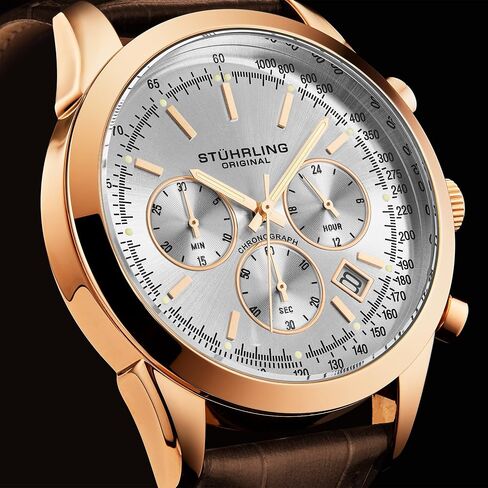 Stuhrling Original Mens Dress Watch Chronograph Analog Watch Dial with Date - Tachymeter 24-Hour Subdial Mens Leather Strap - Watches for Men Rialto Collection in Saudi Arabia