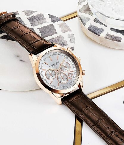 Stuhrling Original Mens Dress Watch Chronograph Analog Watch Dial with Date - Tachymeter 24-Hour Subdial Mens Leather Strap - Watches for Men Rialto Collection in Saudi Arabia
