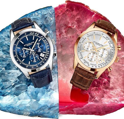 Stuhrling Original Mens Dress Watch Chronograph Analog Watch Dial with Date - Tachymeter 24-Hour Subdial Mens Leather Strap - Watches for Men Rialto Collection in Saudi Arabia