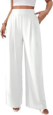 SKAYS Women Dress Pants Uniform Pants Loose Casual Trousers Ladies' Elastic Waist Wide Leg Trousers with Double Pockets in Kuwait