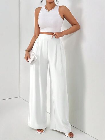 SKAYS Women Dress Pants Uniform Pants Loose Casual Trousers Ladies' Elastic Waist Wide Leg Trousers with Double Pockets in Kuwait