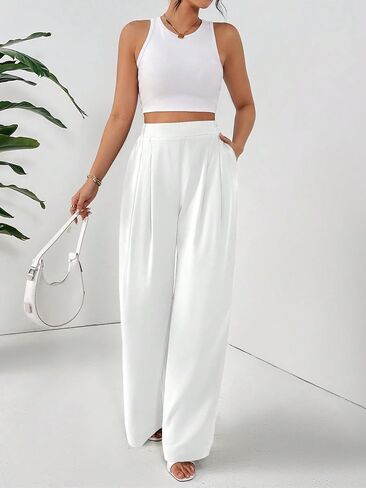 SKAYS Women Dress Pants Uniform Pants Loose Casual Trousers Ladies' Elastic Waist Wide Leg Trousers with Double Pockets in Kuwait