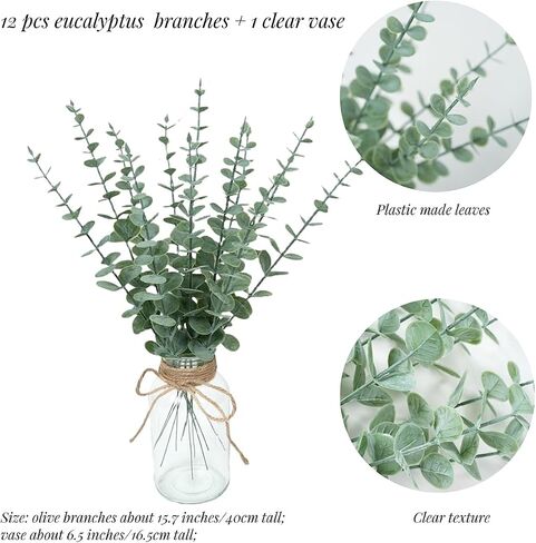 Artificial Plants Olive Branch in Glass Vase, 14.5" Fake Plant Greenery Stems with Olive Branches Faux Eucalyptus Stems for Home Office Farmhouse Wedding Table Centerpiece Décor in Saudi Arabia
