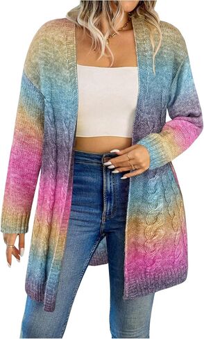 GORGLITTER Women's Plus Size Rainbow Colorful Cardigan Oversized Long Sleeve Cable Knit Cardigan Sweater in Saudi Arabia