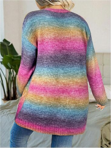 GORGLITTER Women's Plus Size Rainbow Colorful Cardigan Oversized Long Sleeve Cable Knit Cardigan Sweater in Saudi Arabia