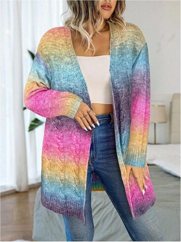 GORGLITTER Women's Plus Size Rainbow Colorful Cardigan Oversized Long Sleeve Cable Knit Cardigan Sweater in Saudi Arabia