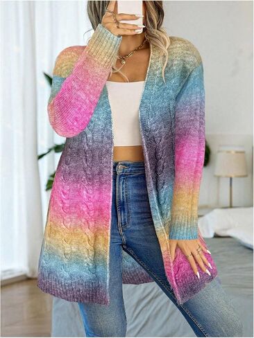GORGLITTER Women's Plus Size Rainbow Colorful Cardigan Oversized Long Sleeve Cable Knit Cardigan Sweater in Saudi Arabia