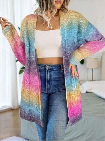 GORGLITTER Women's Plus Size Rainbow Colorful Cardigan Oversized Long Sleeve Cable Knit Cardigan Sweater in Saudi Arabia